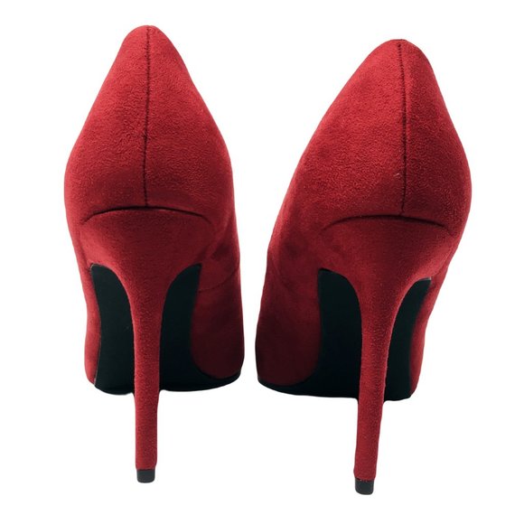Penny Loves Kenny Manner Vegan Suede Pom Pointed Toe Pump Heels Red 11 Wide - Picture 5 of 8
